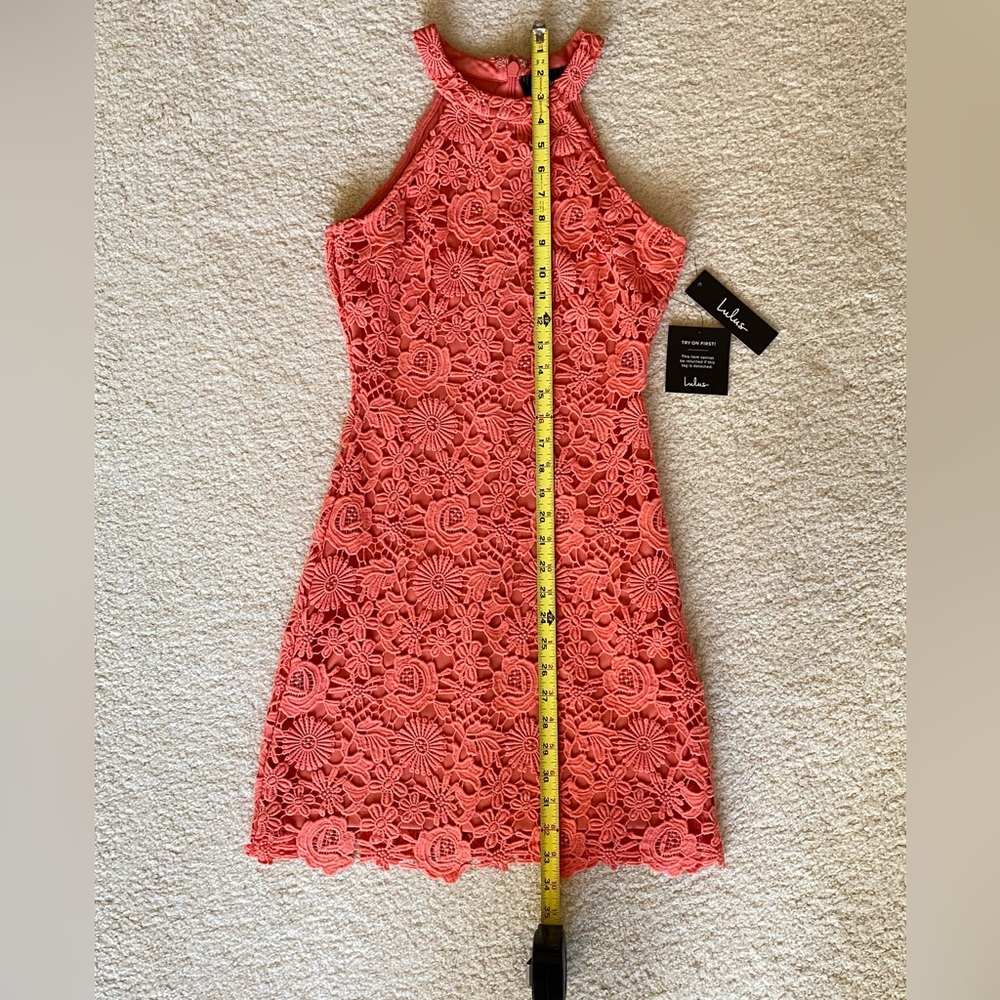 NWT Lulus Coral Orange Lace Halter Mini Dress - Picture 10 of 14